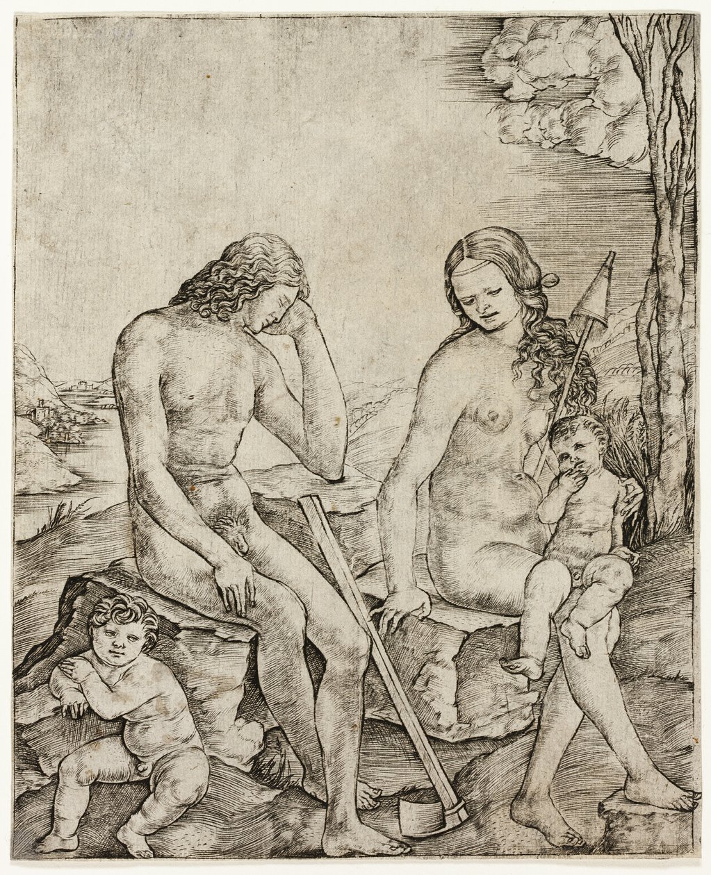 Adán y Eva con los infantes Caín y Abel de Cristofano Robetta