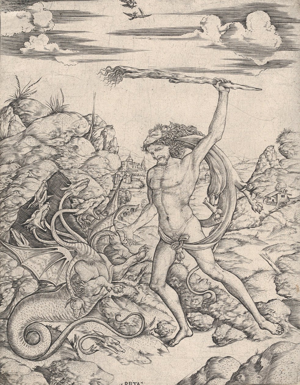 Hércules y la Hidra, empuñando una antorcha ataca a la Hidra alada y de múltiples cabezas, ca. 1500-1520 de Cristofano di Michele Martini