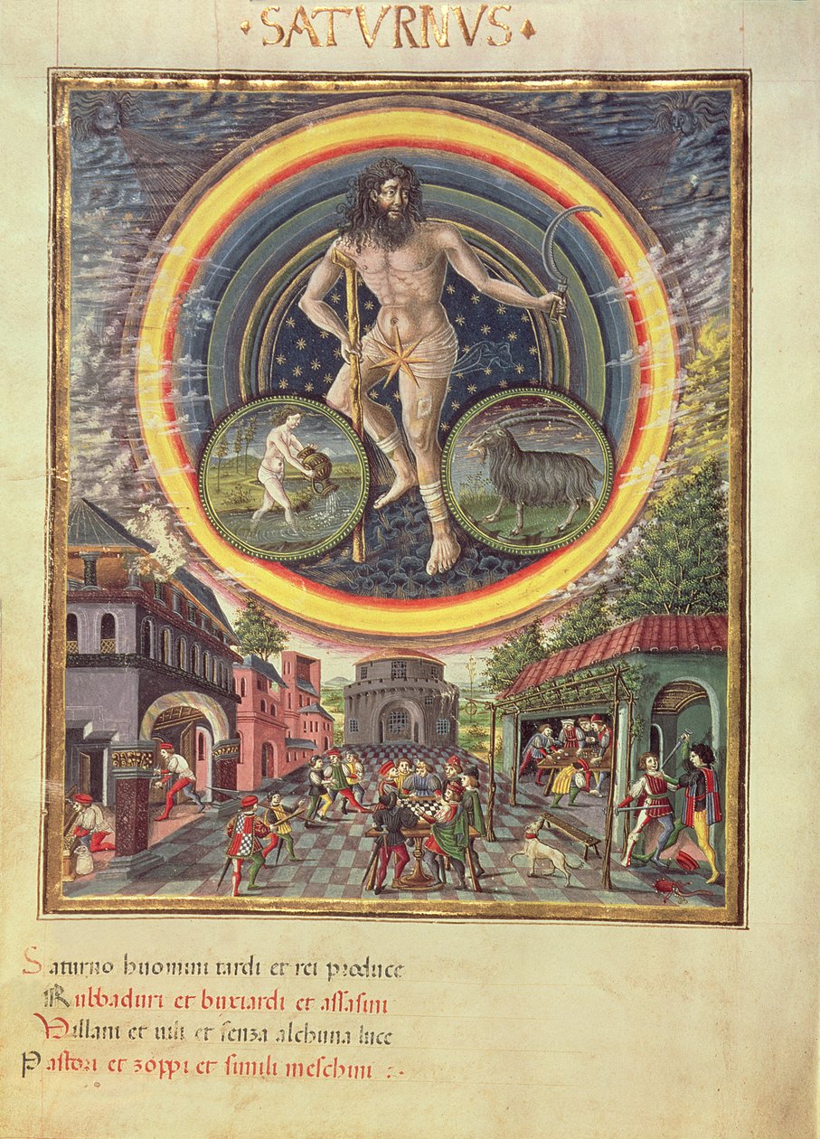 C129 Saturno con los signos zodiacales de Acuario y Capricornio, de "De Sphaera", c.1470 (vitela) de Cristoforo (attributed to) De Predis