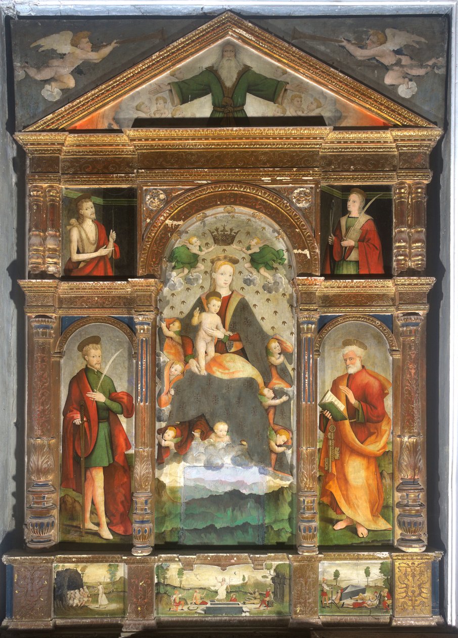 Virgen coronada con el Niño y ángeles, San Pablo, San Pedro de Cristoforo (fl.1525-1578) & Pancalino Raffaele (fl.1514-1573) Pancalino