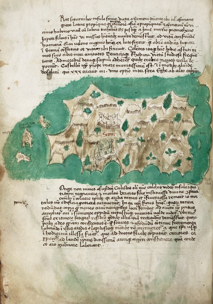 Symi, levantamiento cartográfico de la isla griega, con notas manuscritas en vitela de Cristoforo Buondelmonti