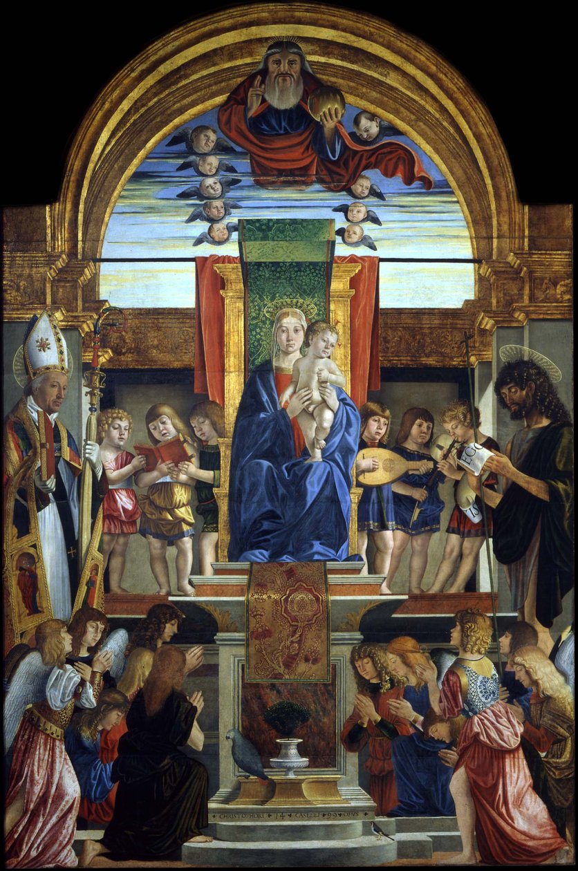 La Virgen y el Niño entronizados con Dios Padre y los santos Hilario y Juan el Bautista, 1499 de Cristoforo Caselli