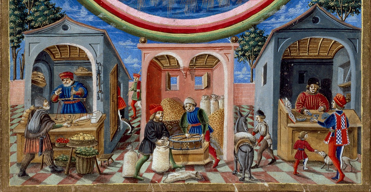 Detalle de comerciantes vendiendo varios artículos: a la izquierda, un comerciante de frutas y verduras, en el centro un molinero moldeando grano (detalle) de Cristoforo De Predis