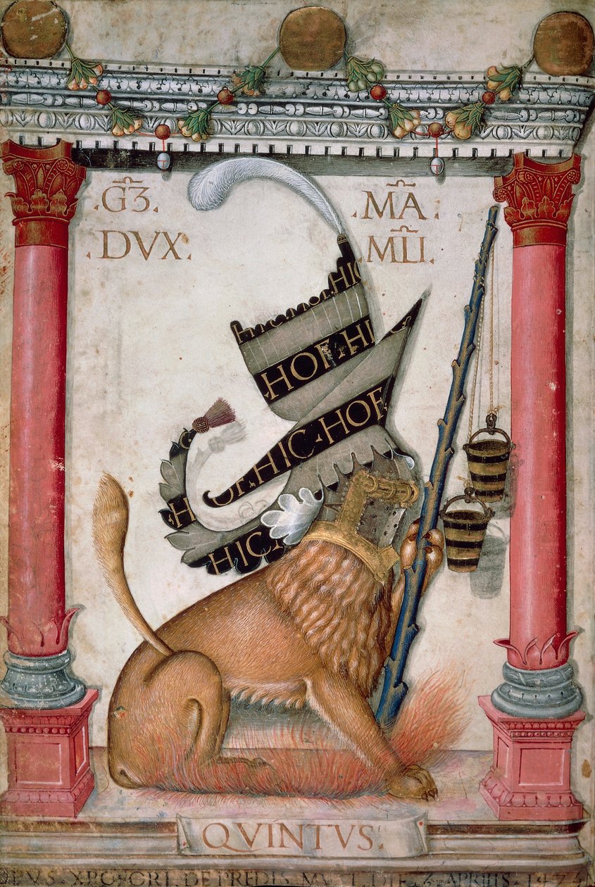 Símbolo heráldico con un león, chispas y cubos de Galeazzo Maria Sforza, página iluminada por Cristoforo de Predis del Códice del Nuevo Testamento, varia 124, Italia 1475 de Cristoforo De Predis