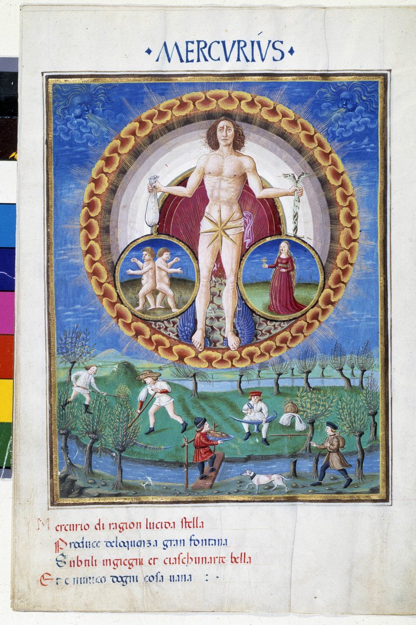 Mercurio con signos del zodiaco de la Virgen y los Gemelos. Abajo, campesinos trabajando en los campos. Miniatura realizada por Cristoforo de Predis (v. 1440-v. 1486) - en 
