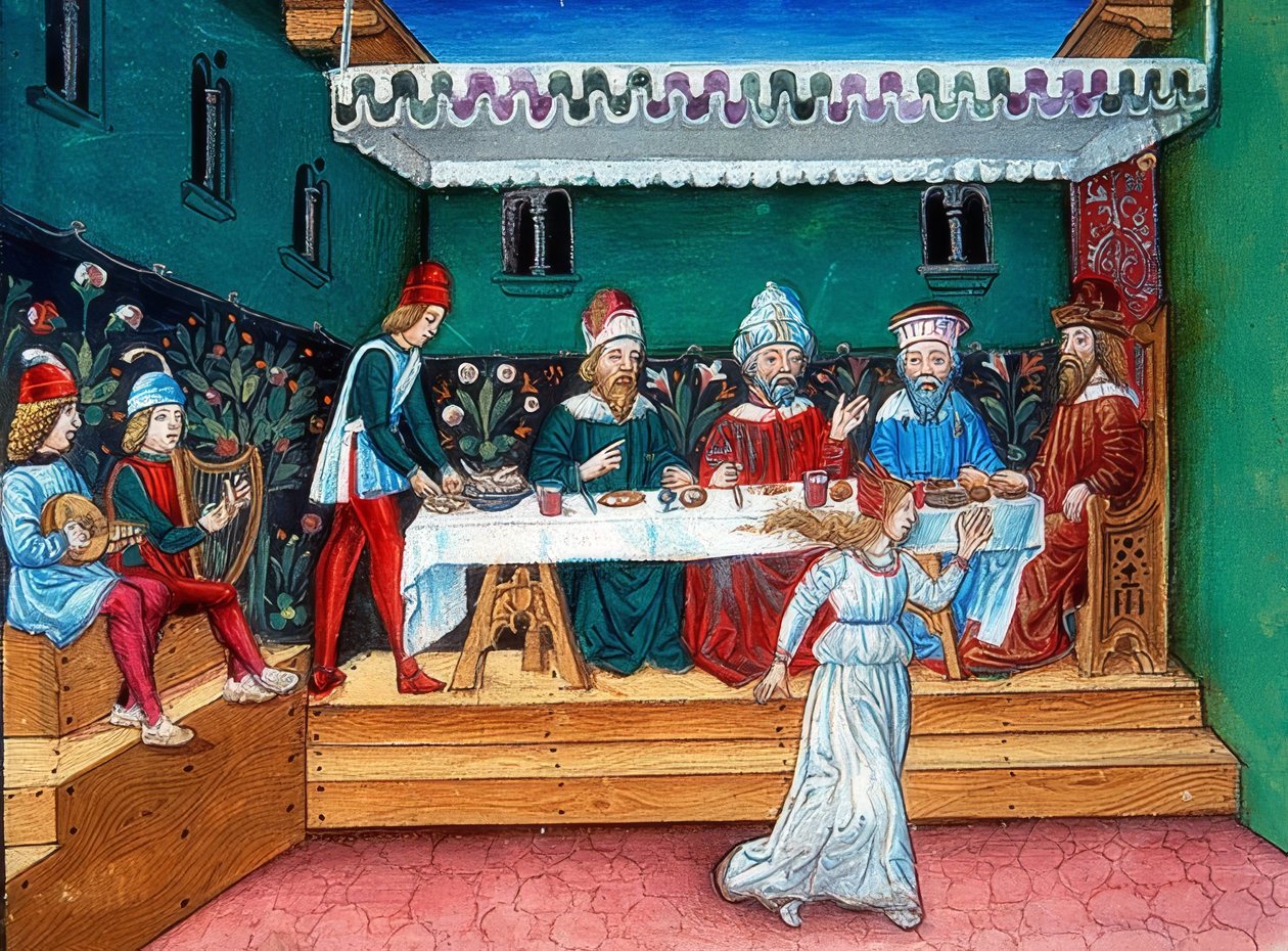 Durante el banquete de Herodes, Salomé entrega la cabeza de Juan (c. 144r). 1476 de Cristoforo De Predis