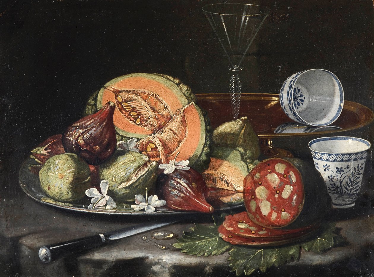 "Naturaleza muerta" Melón, salchicha, higos y porcelana china Pintura de Cristoforo Monari (Munari) (1667-1720), - Óleo sobre lienzo, 44x56 - Fundación Custodia de Cristoforo Munari