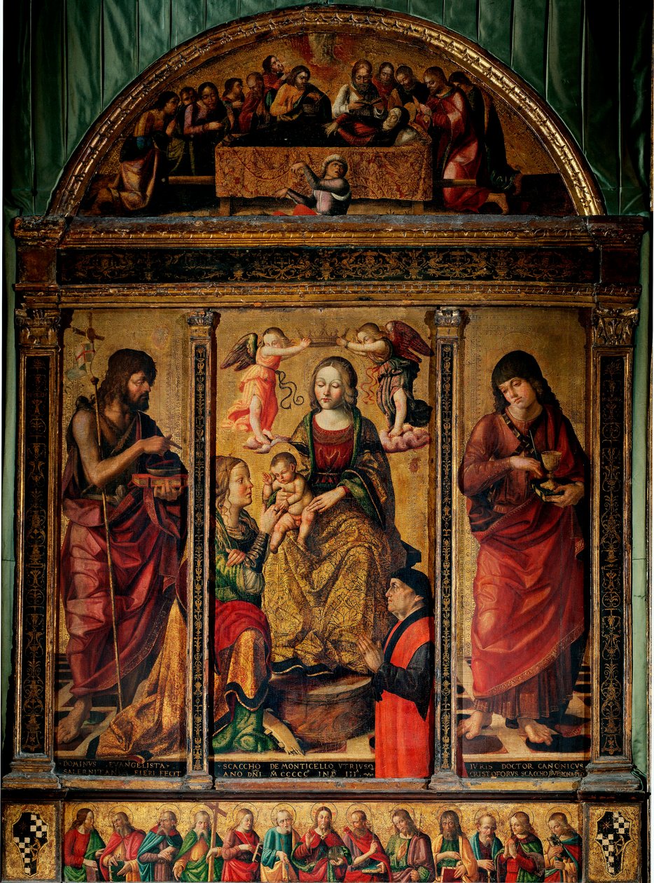 Tríptico del matrimonio místico de Santa Catalina, rodeado por los Santos Juan Bautista y Juan Evangelista de Cristoforo Scacco