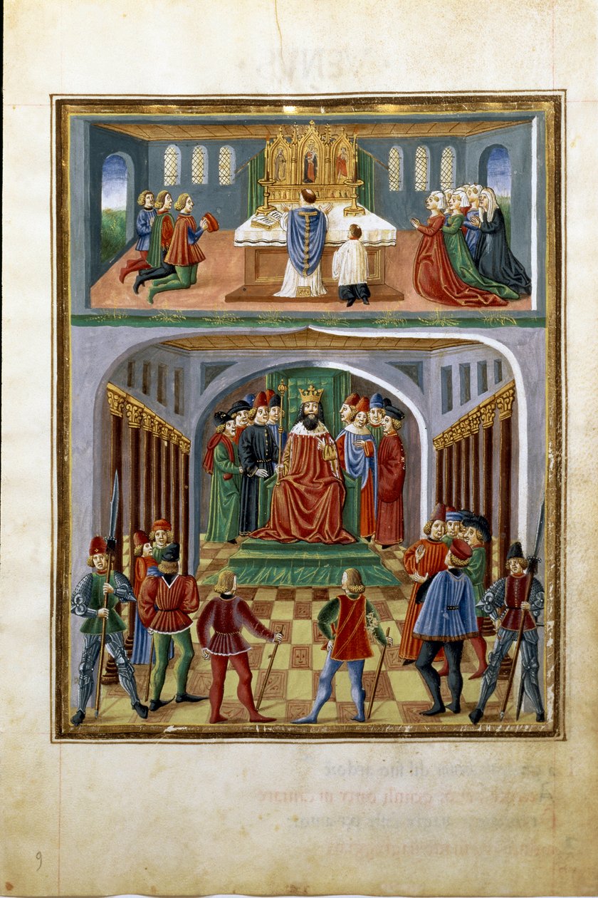 Influencia del sol: poderes temporales (rey ante sus cortesanos) y poderes espirituales (sacerdote sirviendo en una iglesia). (miniatura, c.1470) de Cristoforo De Predis