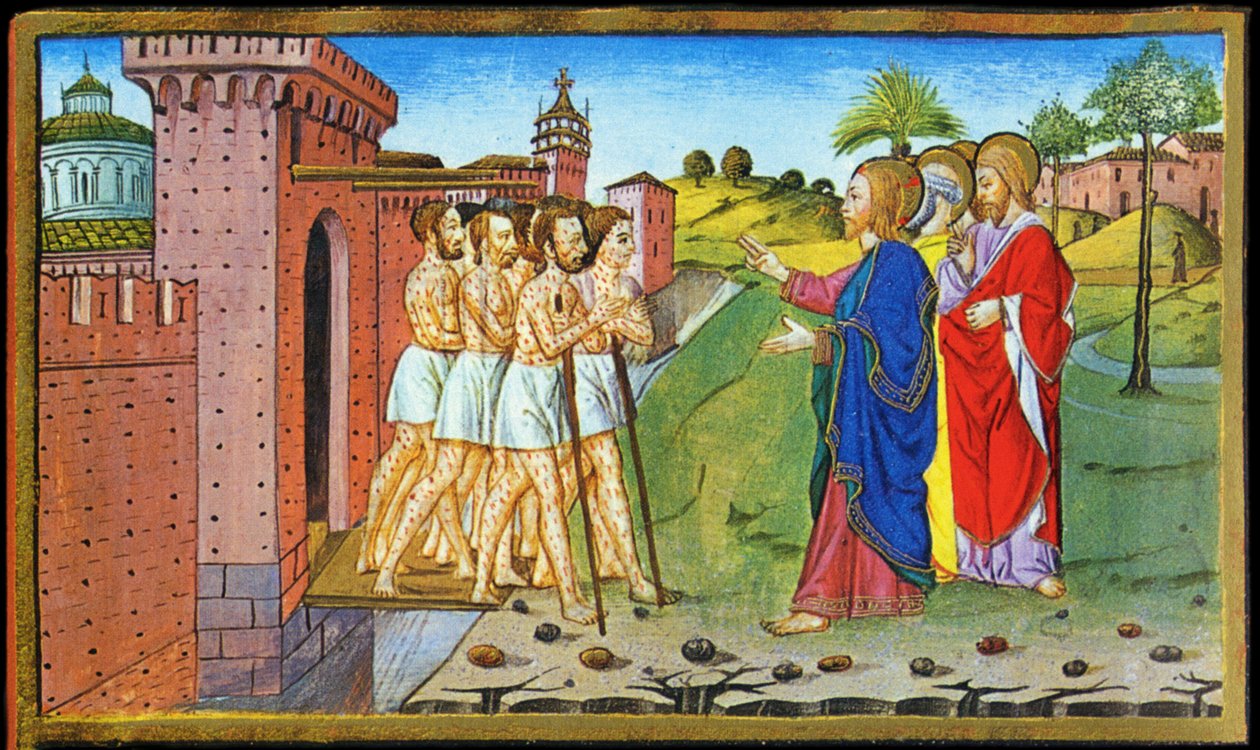 Jesús y los leprosos. Miniatura de Cristoforo de Predis - en Historia del nuevo testamento de Cristoforo De Predis
