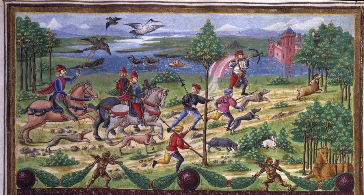 La Caza detalle en “Influencia de Marte”: caza y tribunal. Miniatura realizada por Cristoforo de Predis (v. 1440-v. 1486) - en “De Sphaera” d