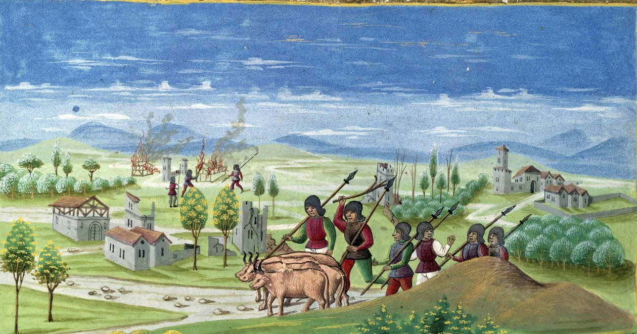 Saqueo durante la guerra (detalle). Miniatura realizada por Cristoforo de Predis (v. 1440-v. 1486) - en “De Sphaera” d