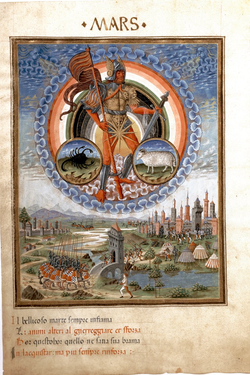 Marte con los signos del zodiaco de escorpión y aries. Las escenas de batalla (miniatura, c.1470) de Cristoforo De Predis