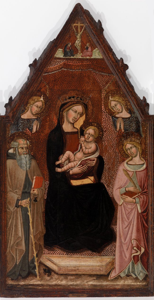 Virgen y el Niño con dos ángeles y los santos Antonio Abad y Catalina de Alejandría y la Crucifixión de Cristoforo di Bindoccio, Meo