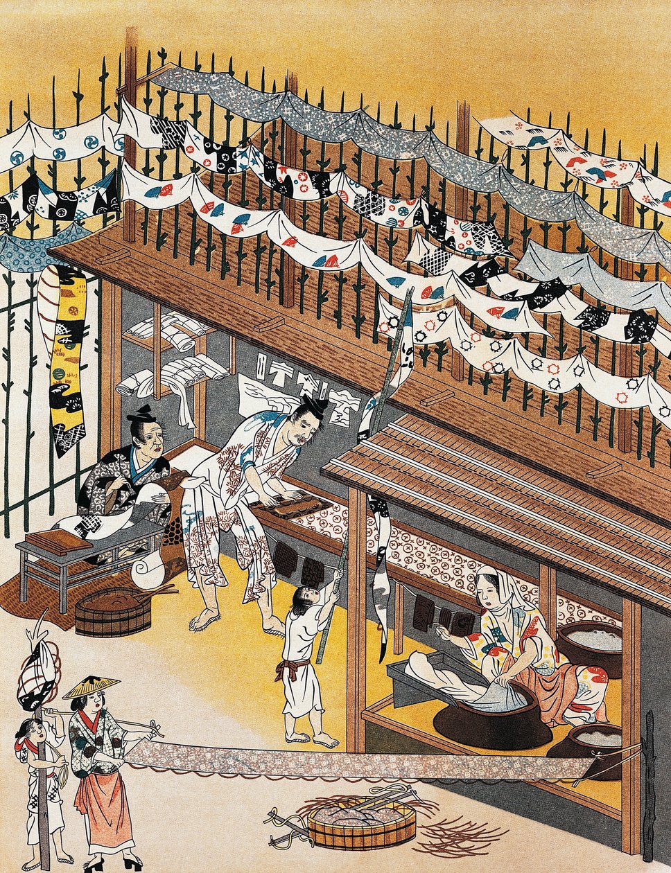 Artesanos trabajando, pintando biombos de seda, período Edo (1600-1868) de Culture Edo