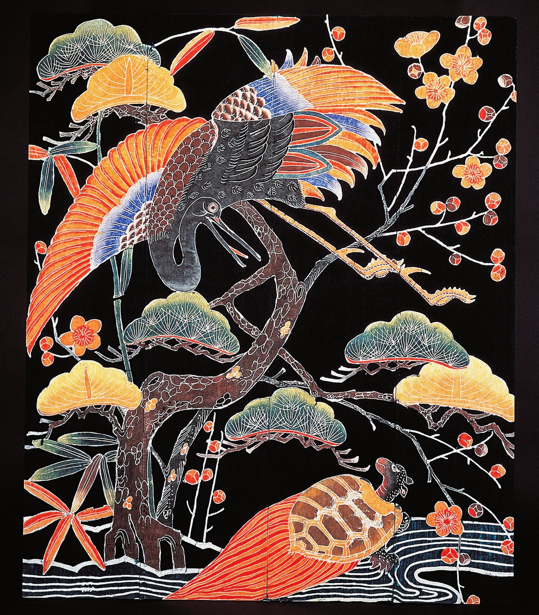 Detalle de grullas y tortuga de cola larga (tsurugame) del tejido del kimono con motivos auspiciosos, civilización japonesa, periodo Edo de Culture Edo
