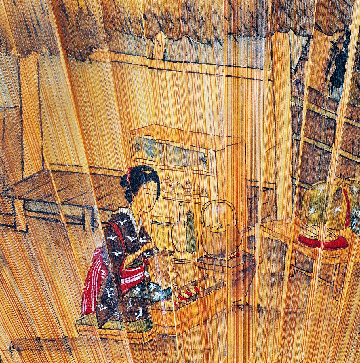 Abanico de doble cara con listones de madera lacada y guarda que representa la preparación del té de Culture Edo