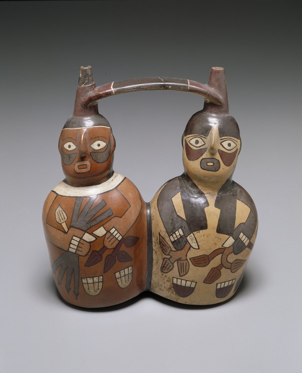 Vasija de doble pico con asa de correa: Dos figuras, Nazca Medio, AD 100-150 de Culture Nazca