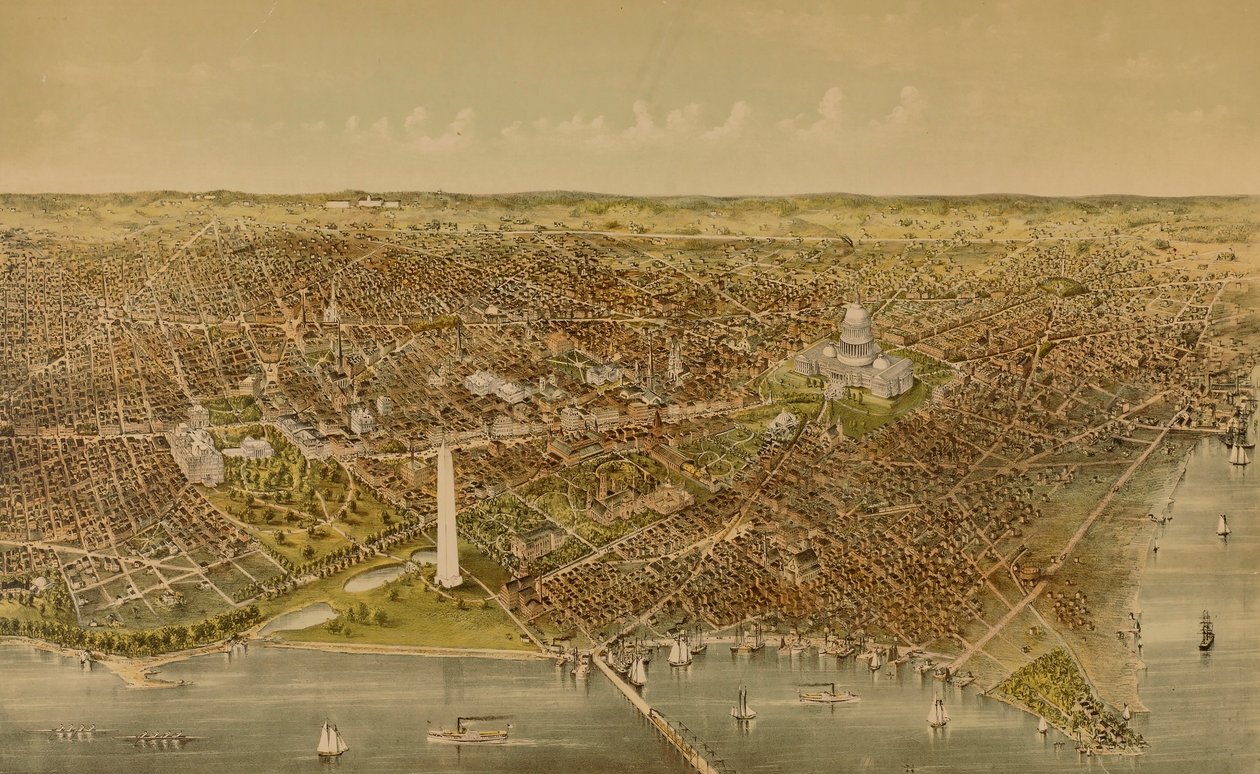 Ciudad de Washington (Vista aérea desde el Potomac hacia el norte) de Currier and Ives