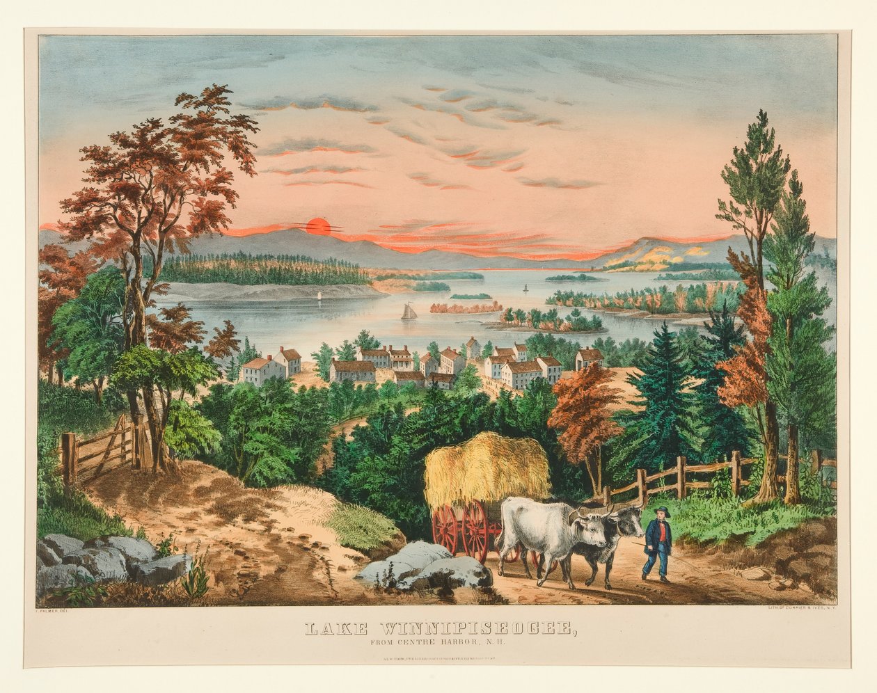 Lago Winnipiseogee, desde Center Harbor, NH de Currier and Ives