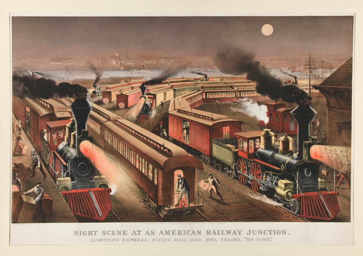 Escena nocturna en un cruce ferroviario americano de Currier and Ives