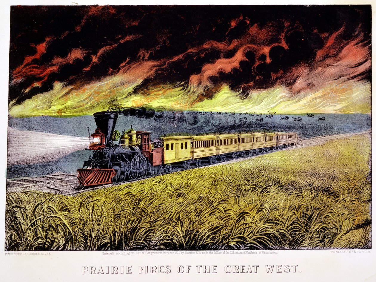Incendios en la pradera del Gran Oeste, EE.UU., 1871 de Currier and Ives