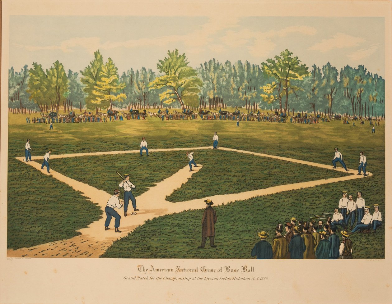 El juego nacional americano de béisbol, ca 1866 de Currier and Ives.