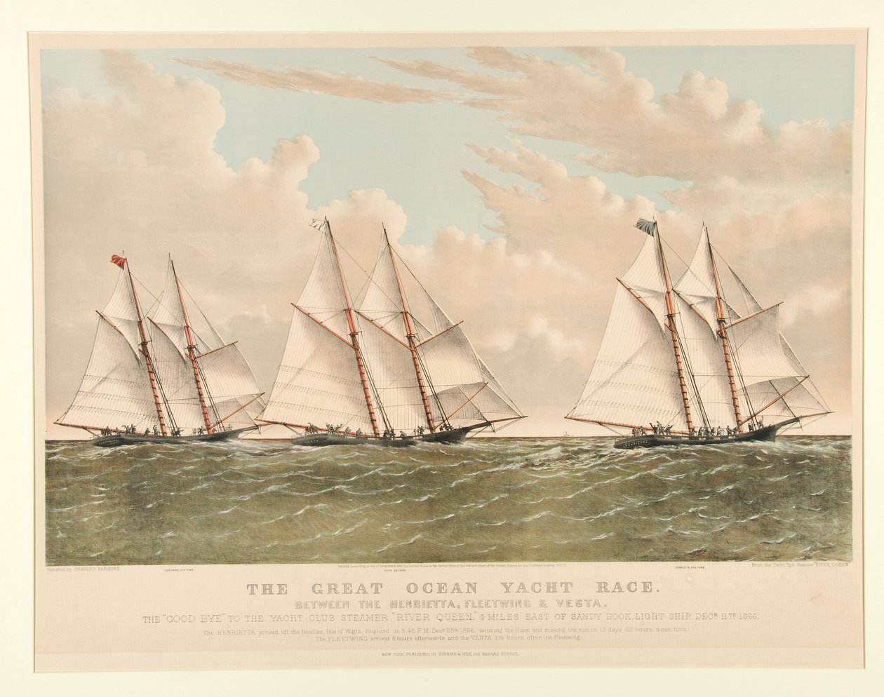 La Gran Carrera de Yates Oceánicos entre Henrietta, Fleetwing y Vesta de Currier and Ives