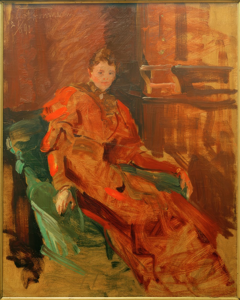 Dama con vestido rojo en silla verde de Curt Herrmann