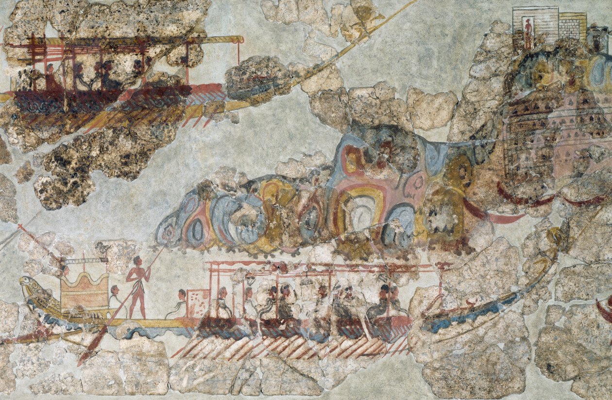 Flota de barcos, fresco de Thera, Islas Cícladas del Sur, Grecia, civilización cicládica, 3er-2do milenio a.C. de Cycladic Cycladic