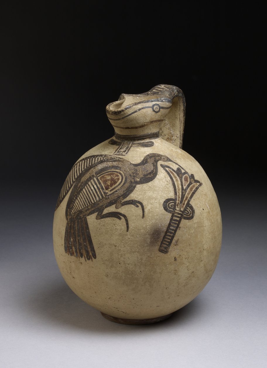 Jarra bicroma en estilo de campo libre con imagen de un pájaro recogiendo una flor de loto, Período Cypro-Arcaico, c.750-480 a.C. de Cypriot