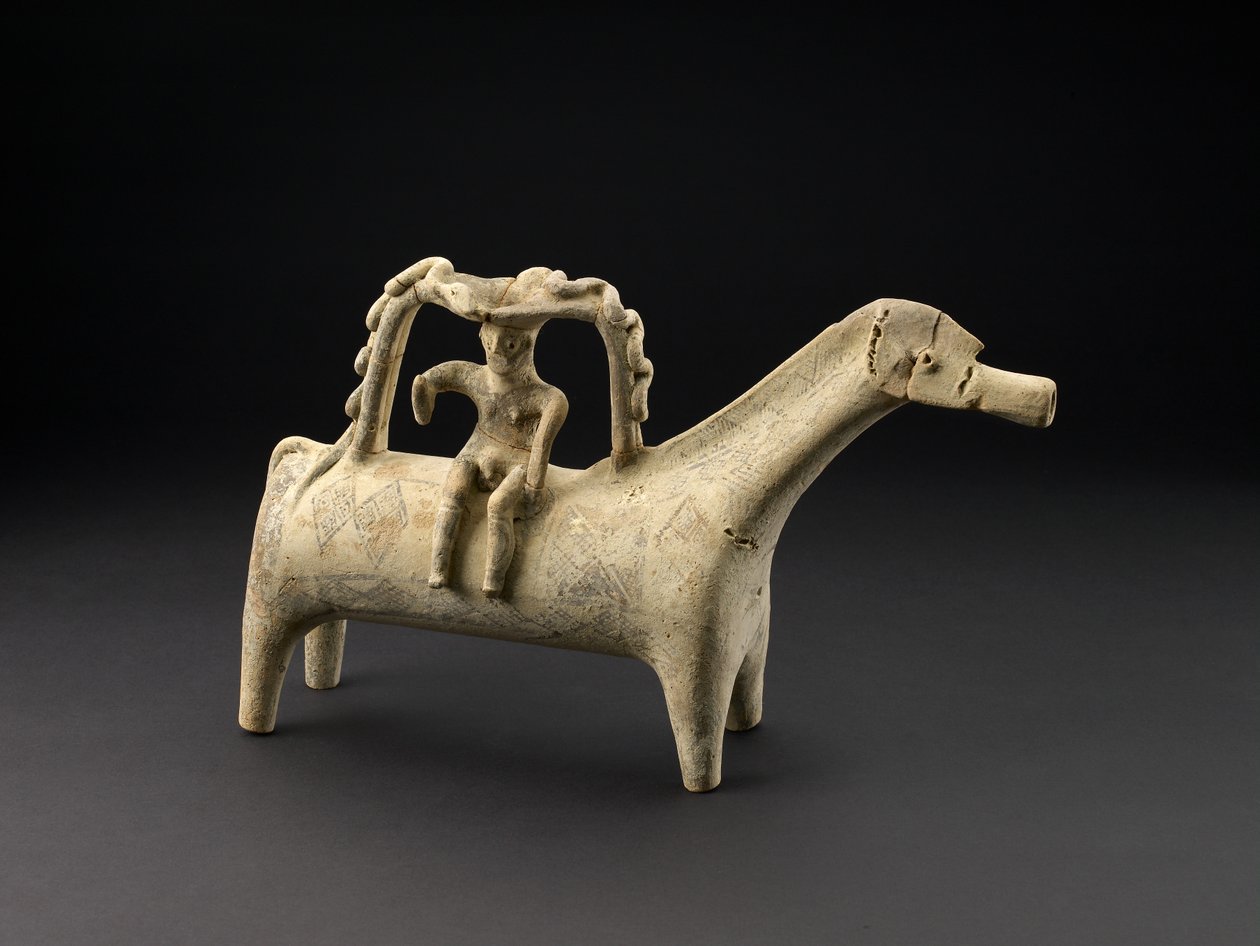 Ritón de caballo de terracota con jinete como parte del asa en la parte posterior, Período Chipriota Tardío IIIB, c.1125-1050 a.C. de Cypriot