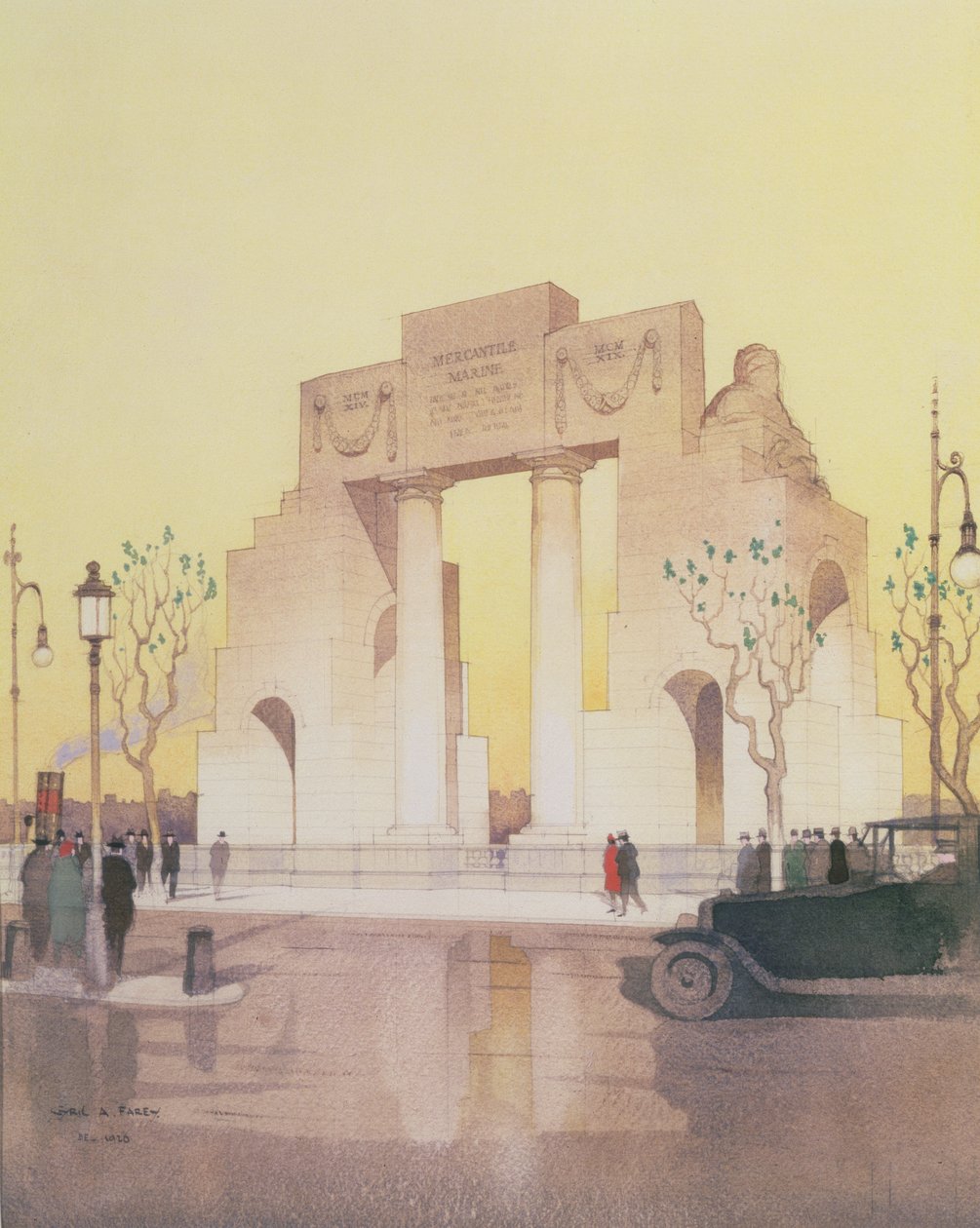 El Monumento a la Marina Mercante, construido por Edwin Landseer Lutyens (1869-1944) (acuarela sobre papel) de Cyril Farey