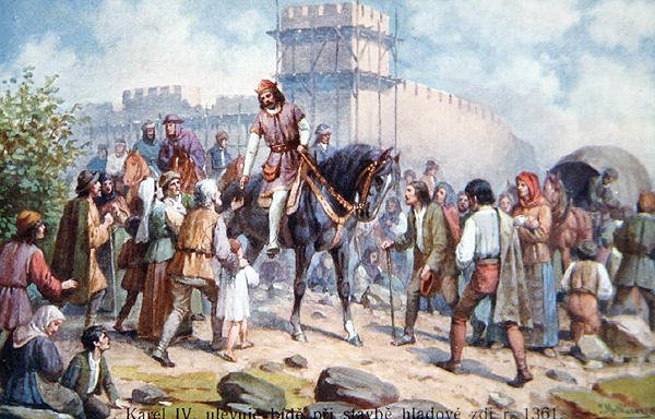 Carlos IV saludando a la gente común durante su expansión de las fortificaciones de Praga en 1361, postal de principios del siglo XX de Czech School