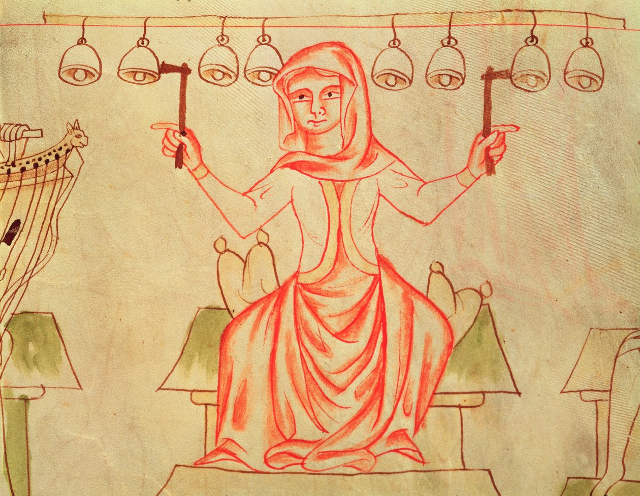 Ms XXIII C.124 Músico tocando campanas, de la Biblia de Velislav, c.1340 de Czech School