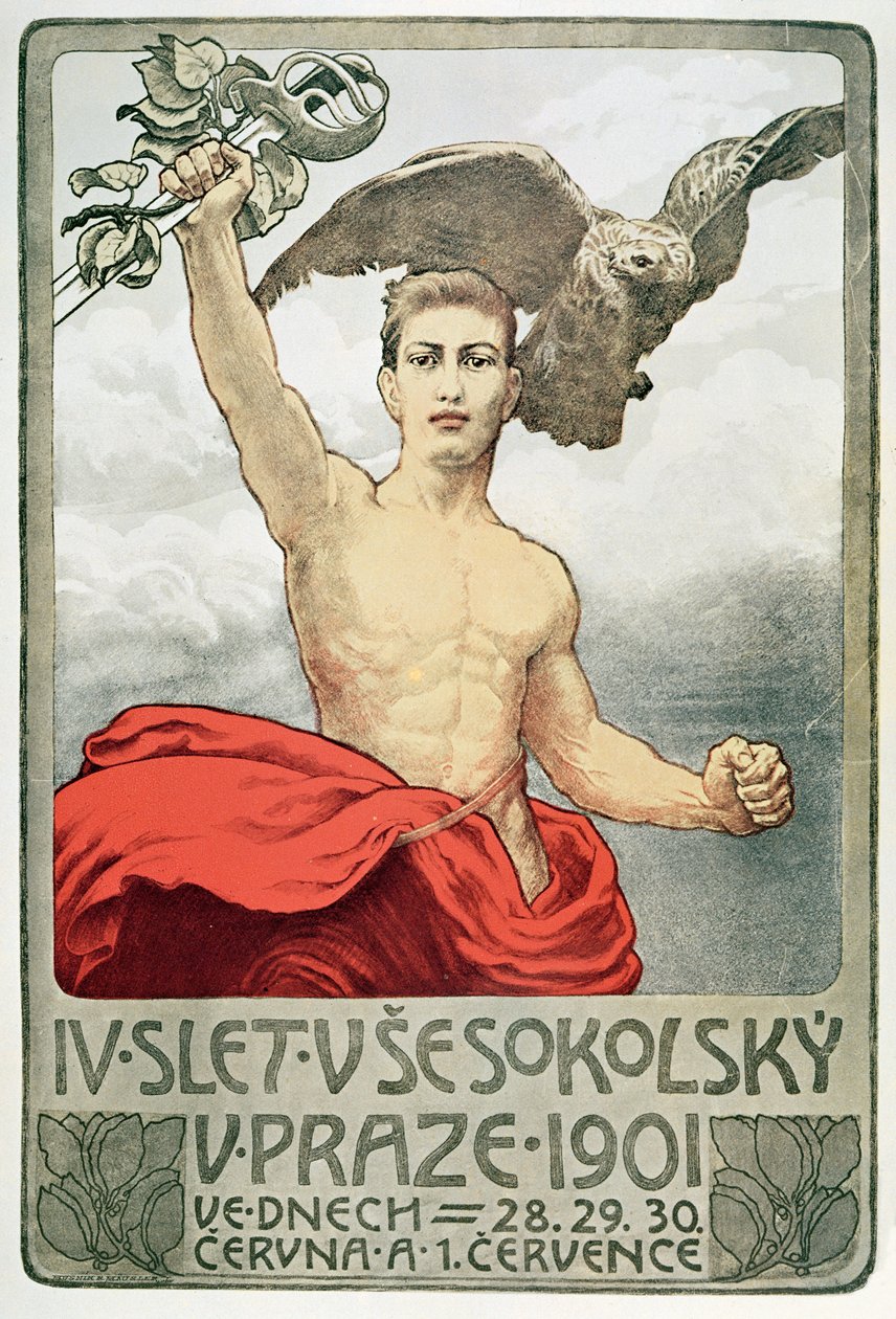 Póster publicitario de la 4ª Asamblea de los Sokols en Praga en 1901 de Czech School