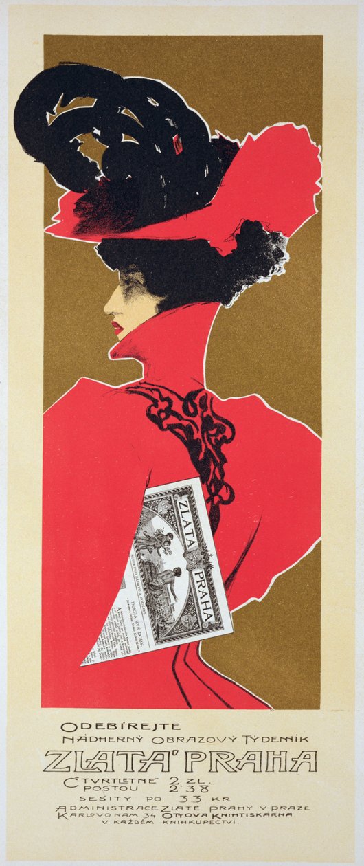 Reproducción de un cartel publicitario de Zlata Praha, un periódico semanal ilustrado, Praga de Czech School