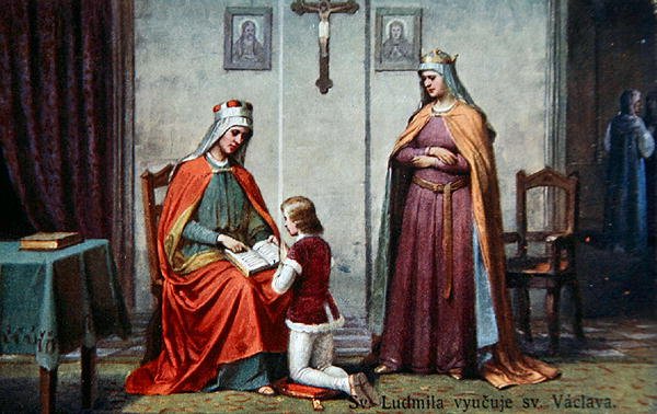 La educación de San Wenceslao por su abuela Ludmila, postal de principios del siglo XX de Czech School