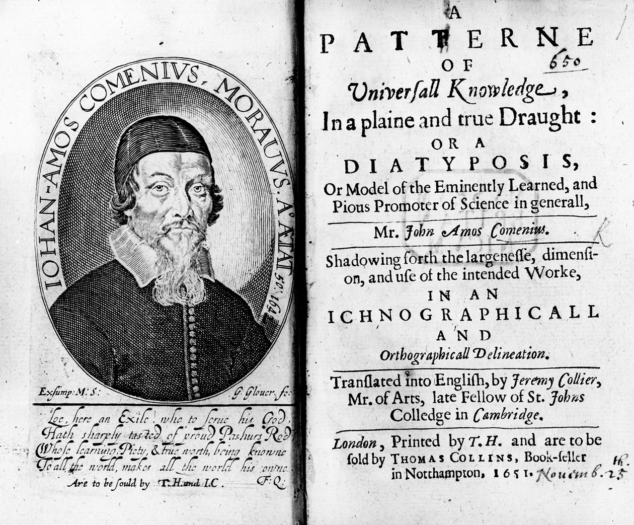 Portada y frontispicio de A Patterne of Universall Knowledge, incluyendo un retrato de Jan Amos Komensky, grabado por George Glover, 1651 de Czech School