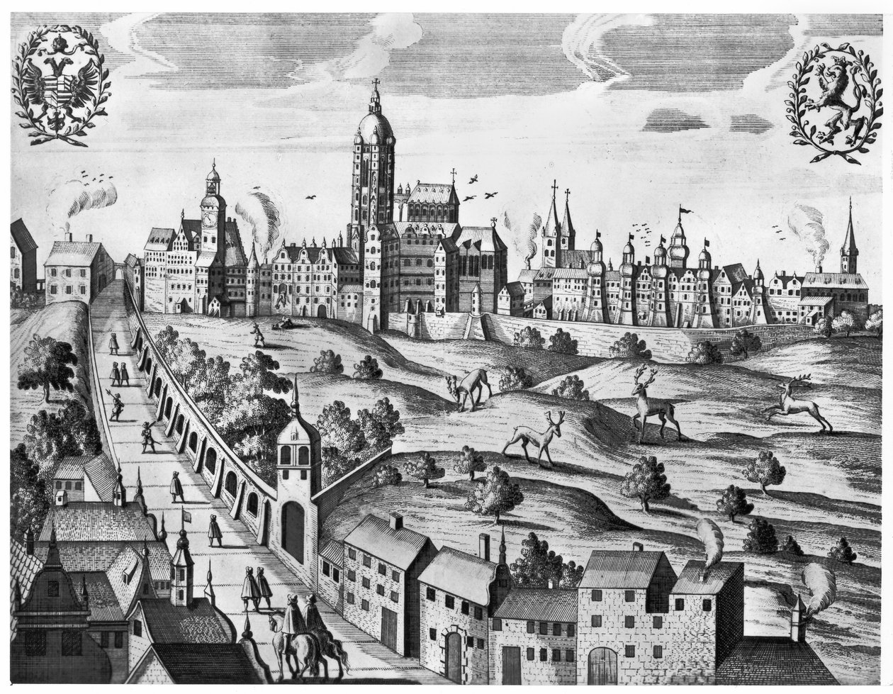 Vista de Praga mostrando el Palacio Imperial y el Colegio de Teología, c.1618 de Czech School