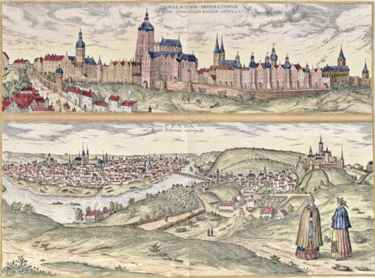 Vista de Praga que muestra (arriba) el Palacio Imperial (Hradschin) y (abajo) el río Moldava que separa la parte antigua de la moderna de la ciudad (grabado) de Czech School