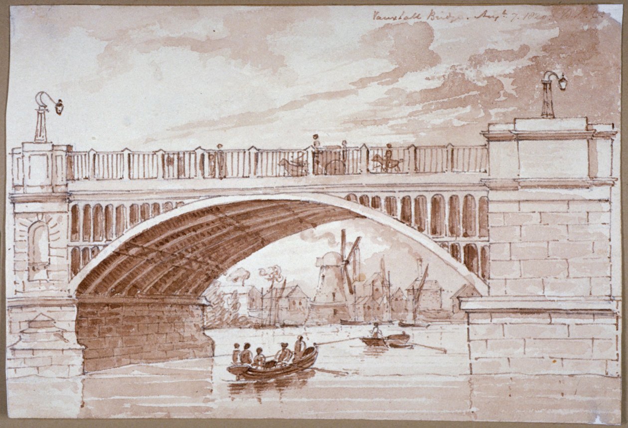 Vista de un pequeño bote pasando debajo del Puente Vauxhall, Londres, 1820 de DHC