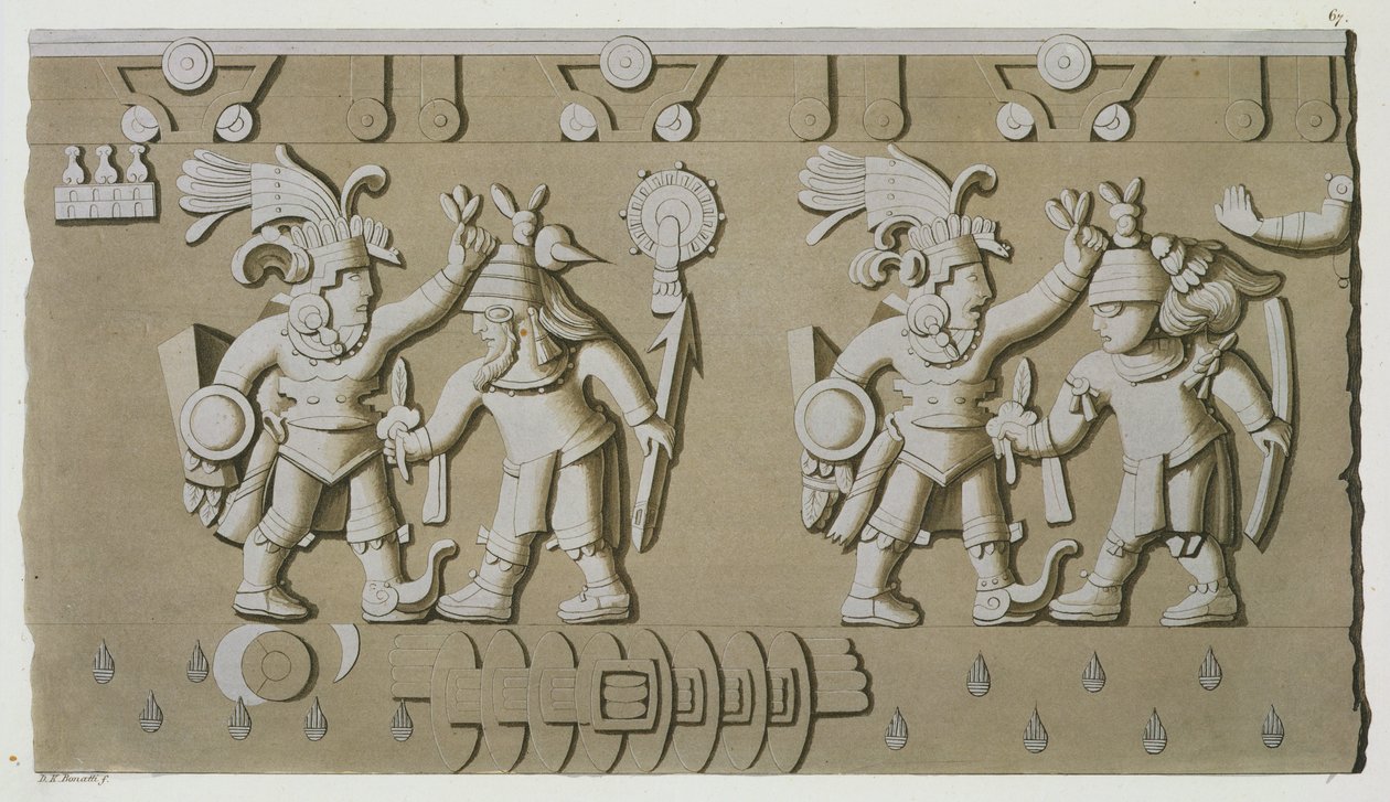 Bajo relieve de antiguos guerreros aztecas, de la Piedra de Tizoc conmemorando a un gobernante sosteniendo a sus cautivos por la cabeza de D.K. Bonatti