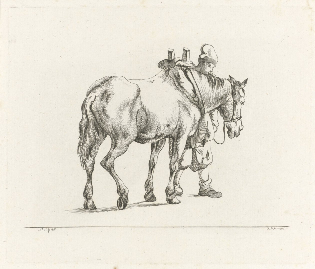 Hombre caminando junto a un caballo de D. Merrem