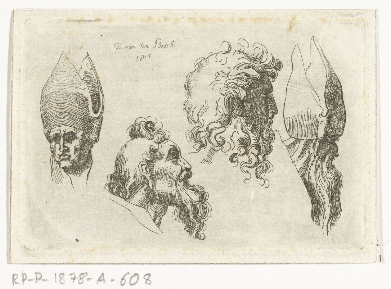 Hoja de estudio con cuatro cabezas, dos con una mitra de D. van den Bosch