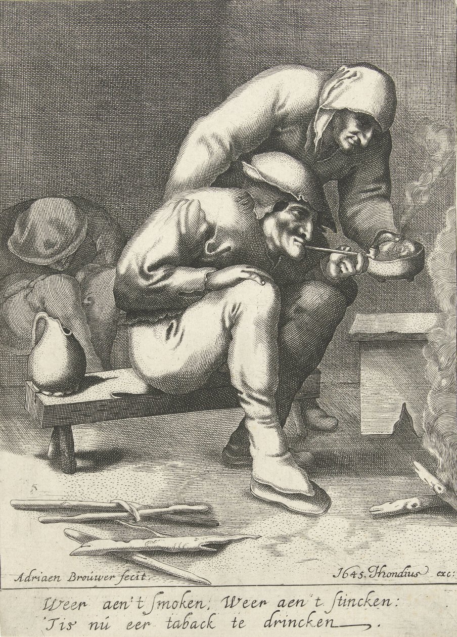 Hombre fumador, con una mujer detrás de él. de D. van den Bremden