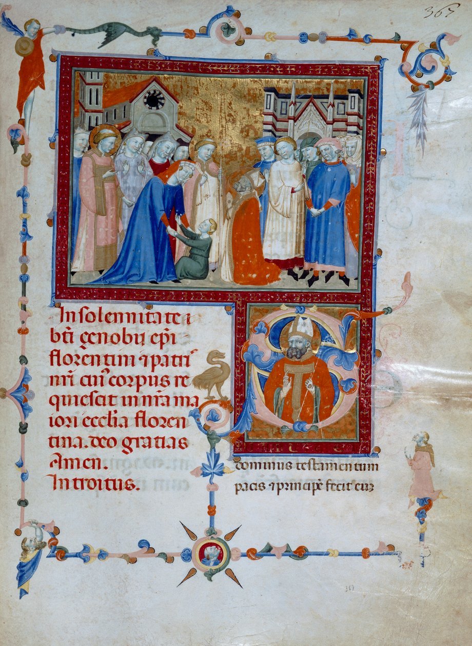 San Zenobio resucita a un niño (Codice Edili 107, c. 367), para un Misal Romano de Daddesco Maestro