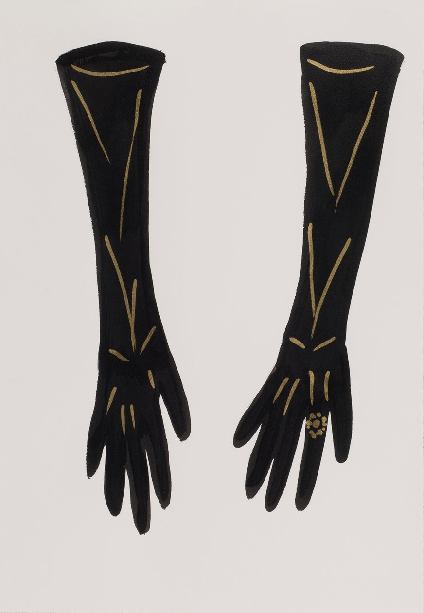 Guantes negros, 2017 (tinta china negra, con rotulador dorado sobre papel) de Daisy de Villeneuve