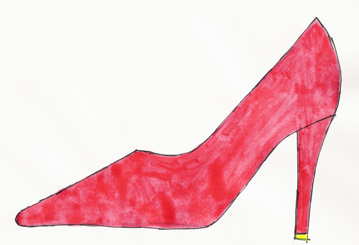 Zapato rojo, 2017 (tinta china roja y amarilla con rotulador sobre papel) de Daisy de Villeneuve