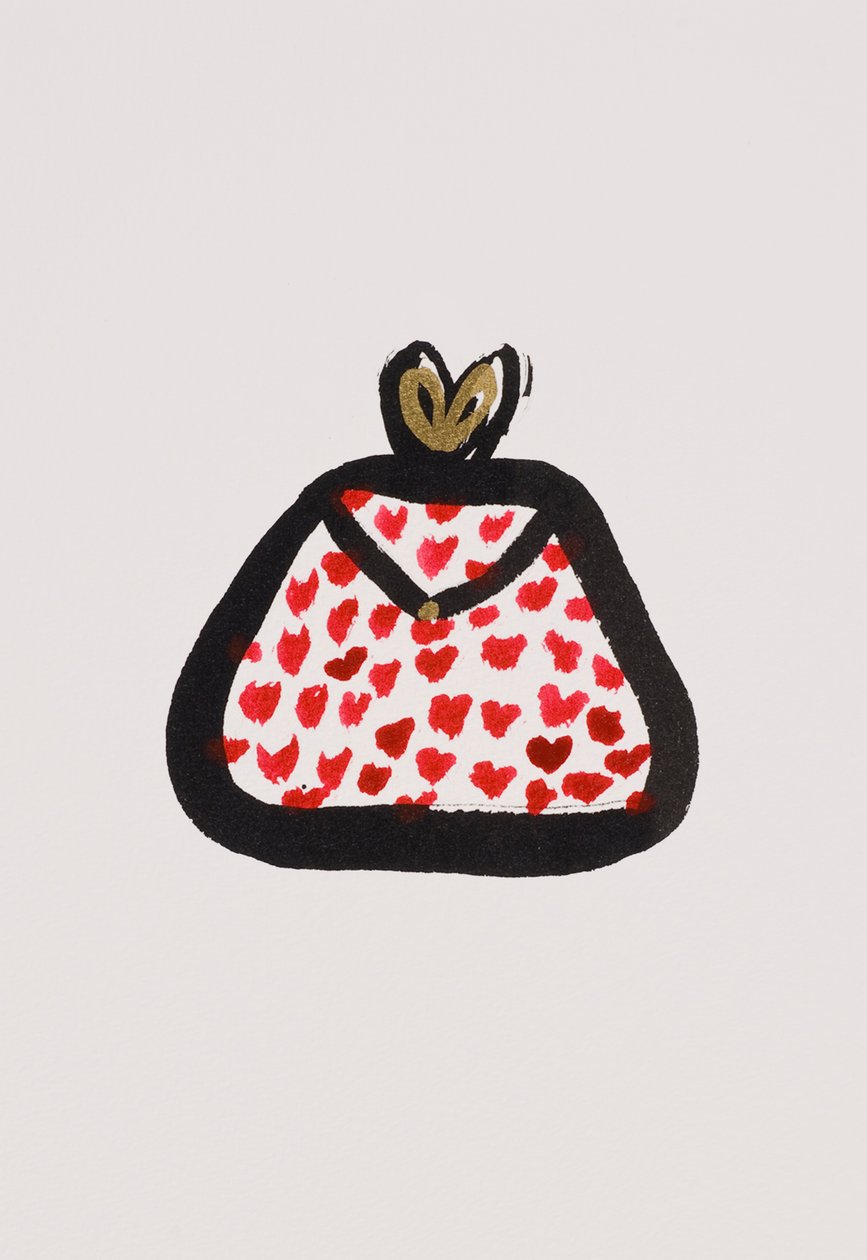 Red Spotty Purse, 2017 (tinta china roja y negra con rotulador dorado sobre papel) de Daisy de Villeneuve
